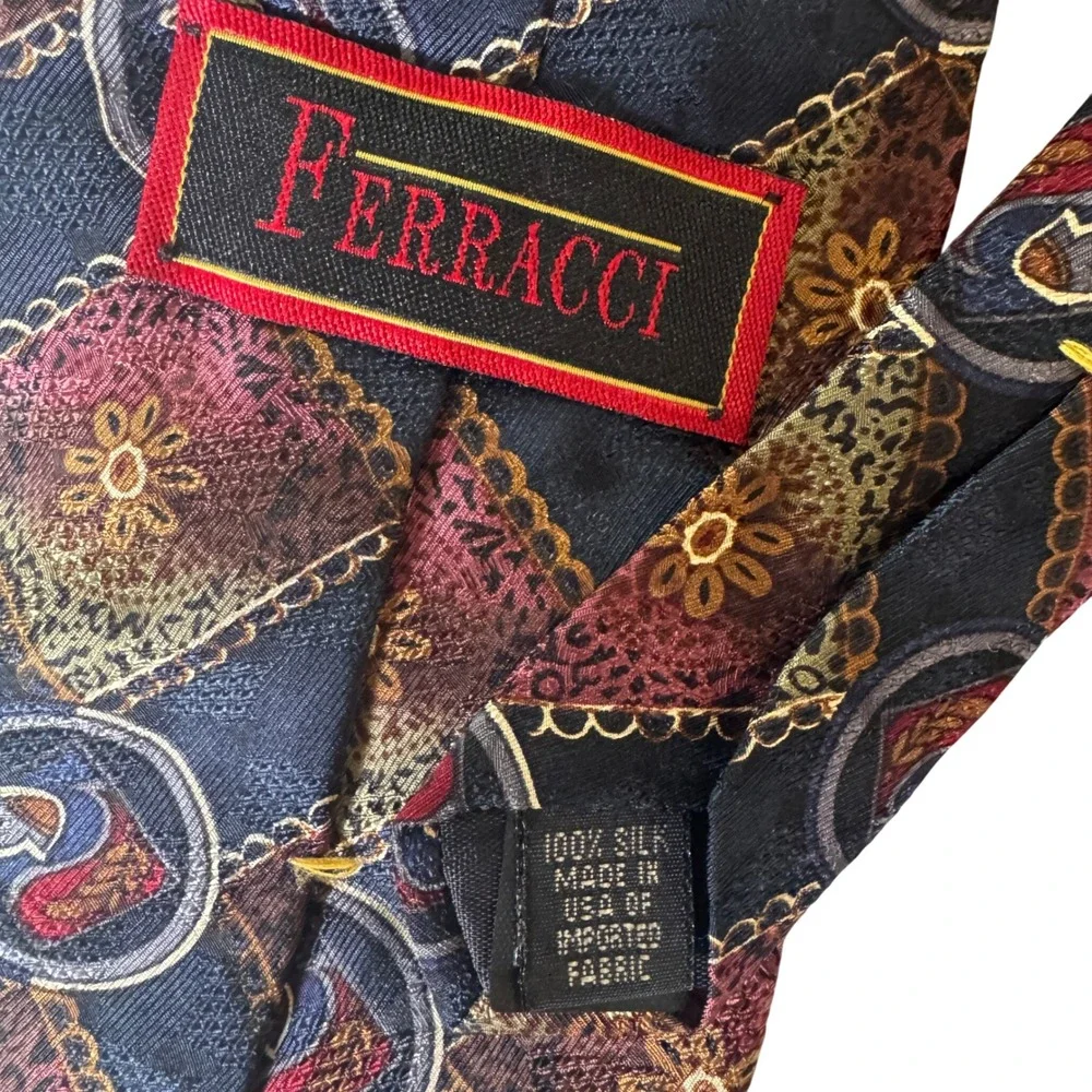 Ferracci Extra Long Silk Tie Navy Blue Burgundy Gold Geometric Medallion Vintage